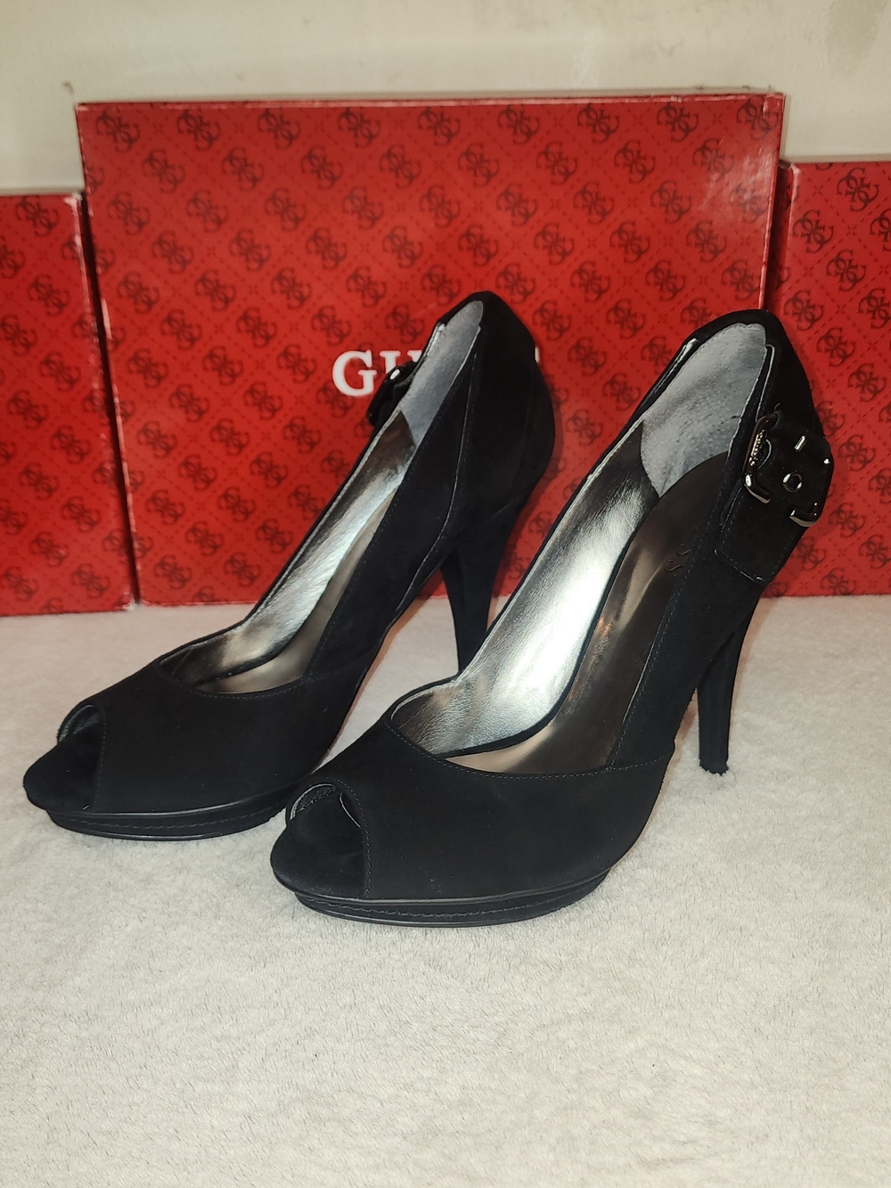Guess Black Suede Peep-Toe Stiletto Heels with Buckle